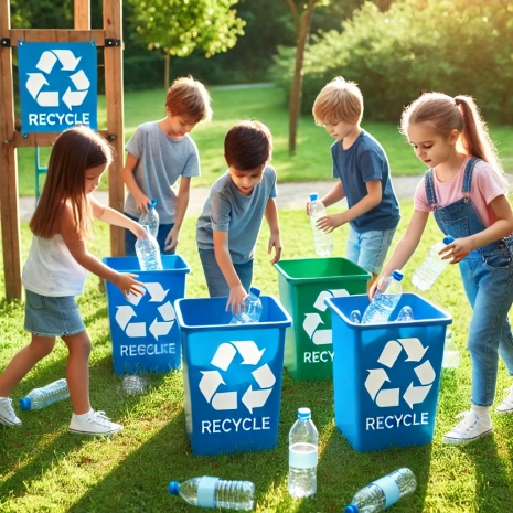 sustain kids A group of young children participating in an outdoor recycling activity in a park. They are sorting plastic bottles into bright blue recycling bins,